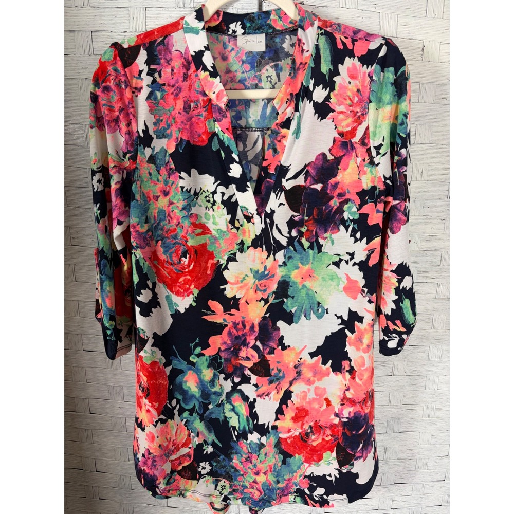 Sew in Love WomenTunic Top Navy Pink Floral V-Neck 3/4 Sleeve Roll Tab Colorful